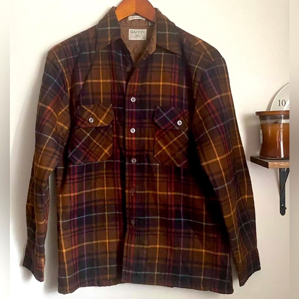 Vintage 80s Oakton LTD Brown Check Patterned Flannel Shirt-Jacket Size Small